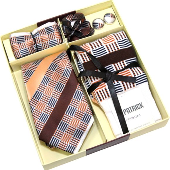 Brown Orange Tie Sock Flower Hanky Cuff Link Set